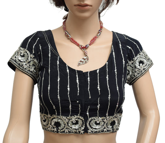 Sushila Vintage 36" Black Stitched Sari Blouse Crepe Silk Hand Beaded Top