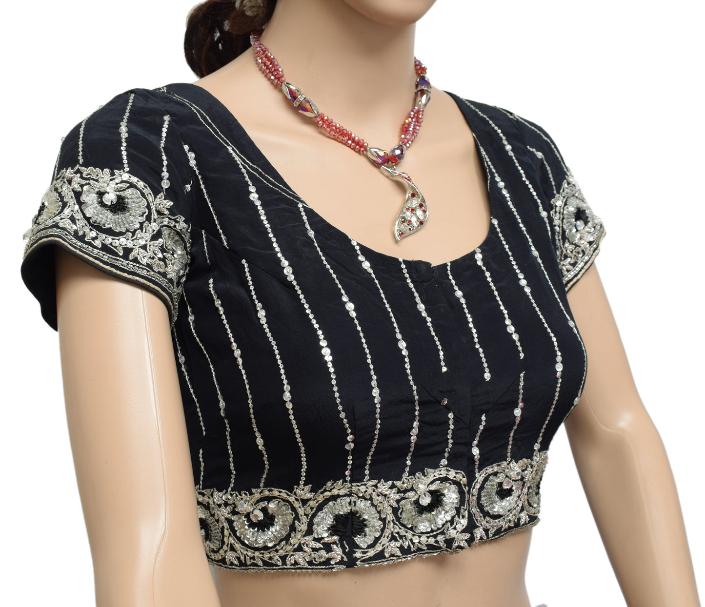 Sushila Vintage 36" Black Stitched Sari Blouse Crepe Silk Hand Beaded Top