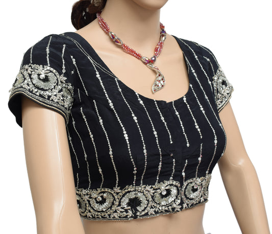 Sushila Vintage 36" Black Stitched Sari Blouse Crepe Silk Hand Beaded Top