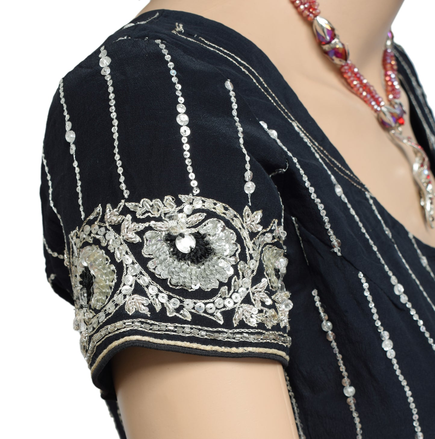 Sushila Vintage 36" Black Stitched Sari Blouse Crepe Silk Hand Beaded Top