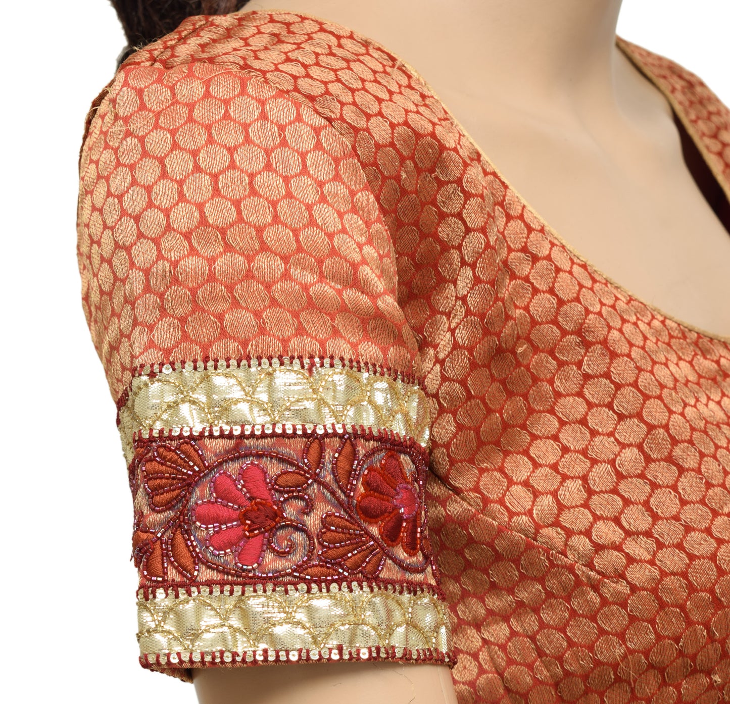 Sushila Vintage 38" Red Stitched Sari Blouse Silk Woven Designer Choli