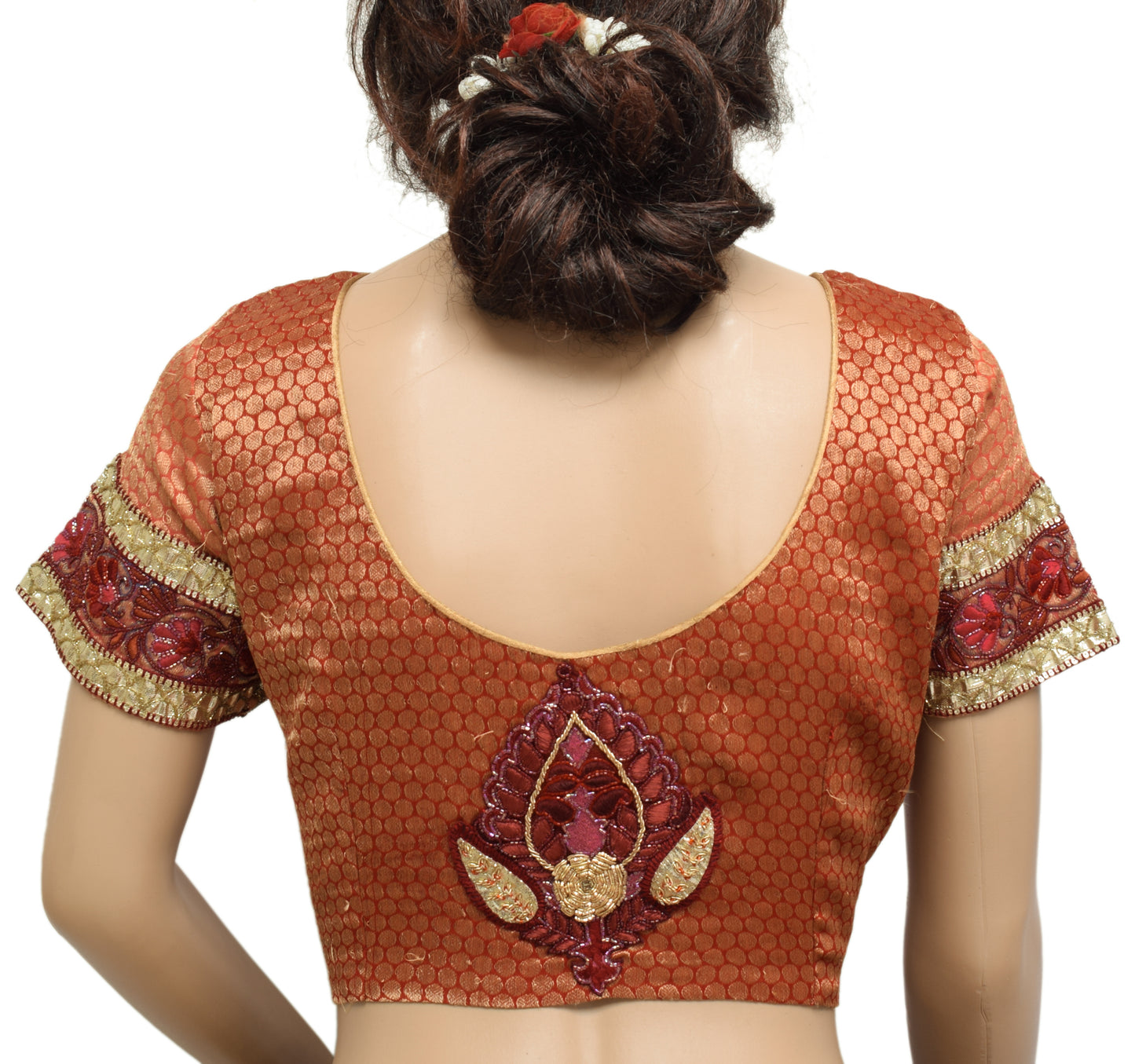 Sushila Vintage 38" Red Stitched Sari Blouse Silk Woven Designer Choli