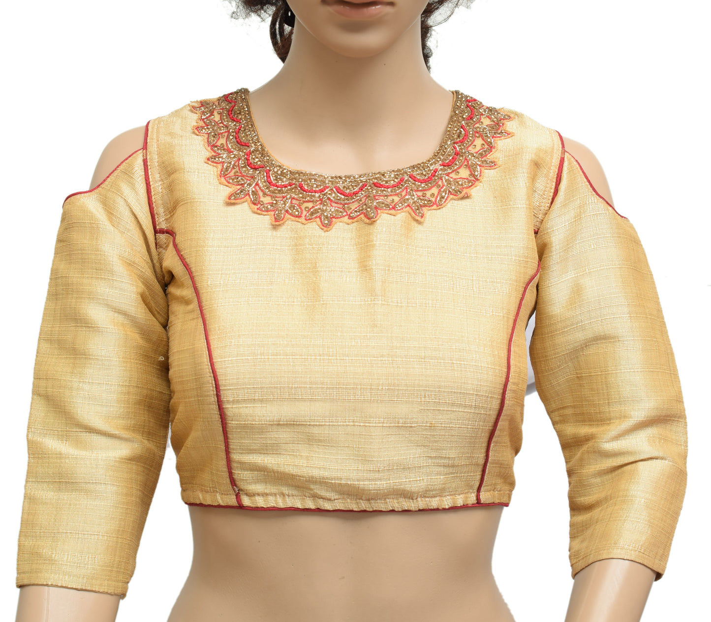 Sushila Vintage 34" Stitched Shoulder Cut Sari Blouse Silk Cream Choli