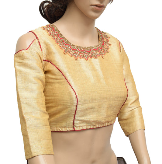 Sushila Vintage 34" Stitched Shoulder Cut Sari Blouse Silk Cream Choli