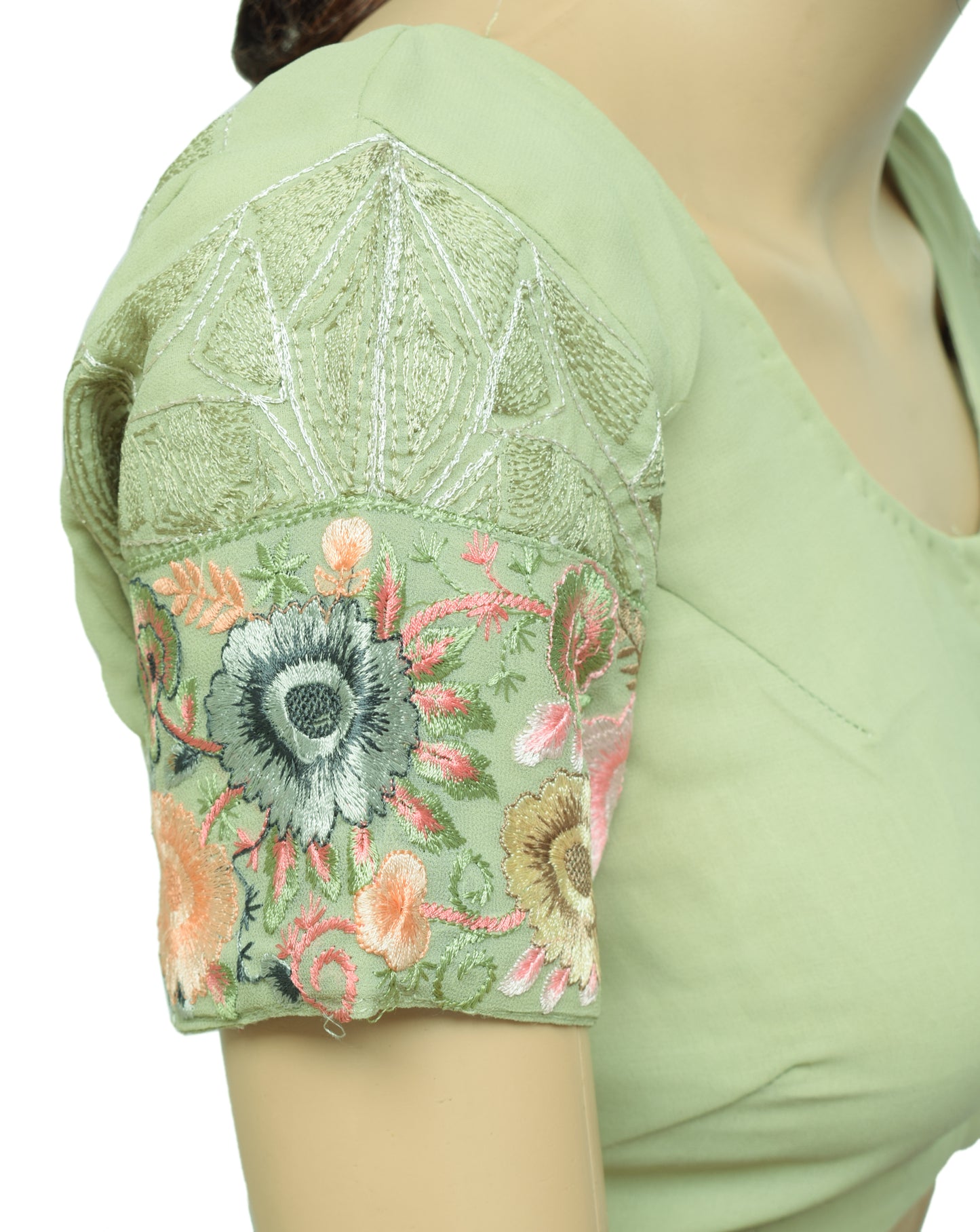 Sushila Vintage Readymade 34" Green Sari Blouse Georgette Embroidered Choli