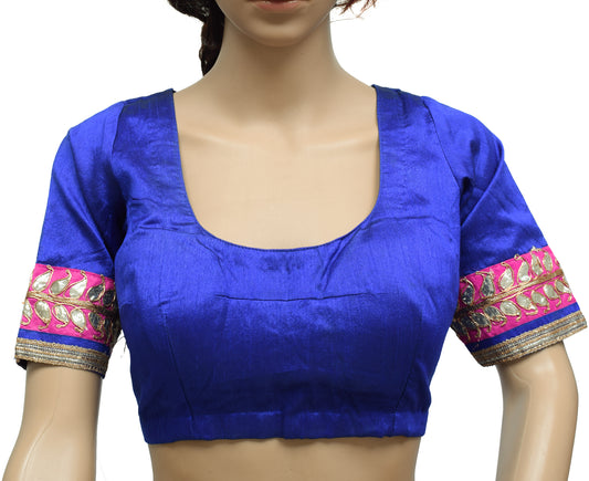 Sushila Vintage Readymade Stitched Blue Sari Blouse Art Silk Patch Work 34" Choli