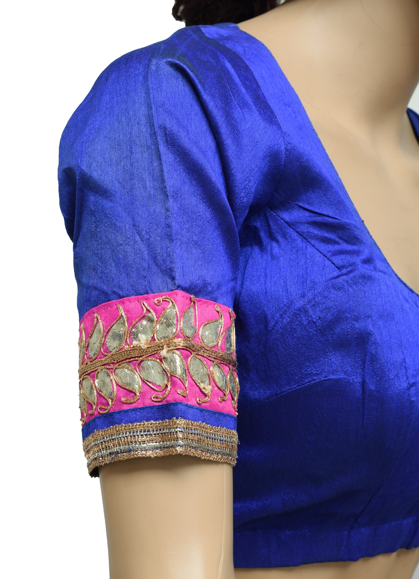 Sushila Vintage Readymade Stitched Blue Sari Blouse Art Silk Patch Work 34" Choli