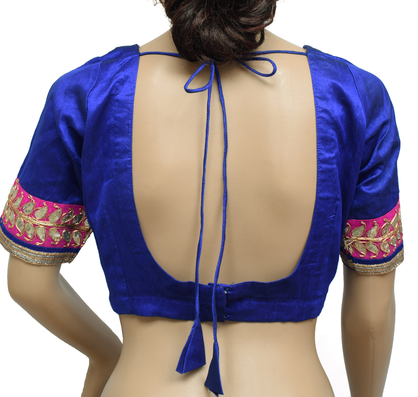 Sushila Vintage Readymade Stitched Blue Sari Blouse Art Silk Patch Work 34" Choli
