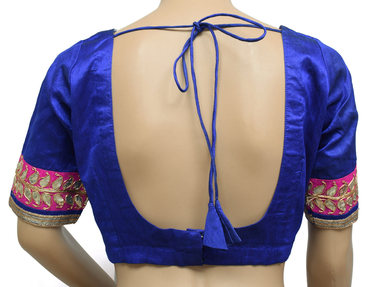 Sushila Vintage Readymade Stitched Blue Sari Blouse Art Silk Patch Work 34" Choli