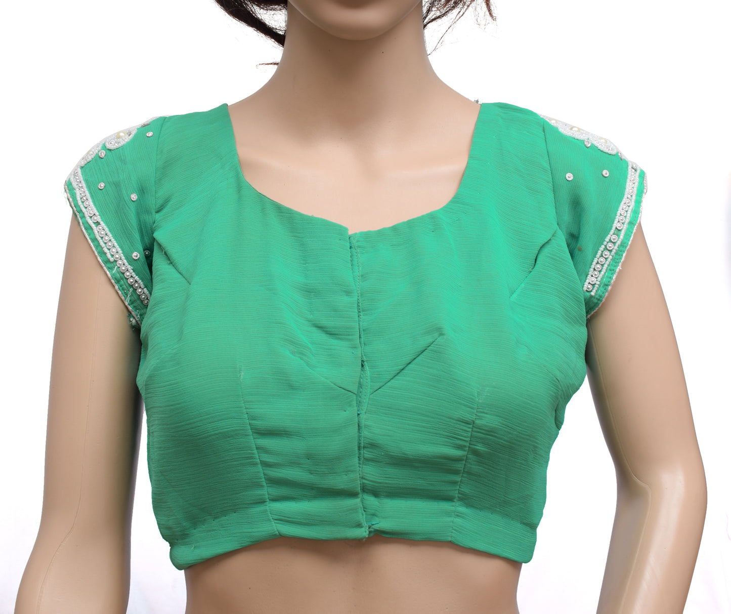 Sushila Vintage Green Readymade 34"Sari Blouse Chiffon Beaded Designer Top