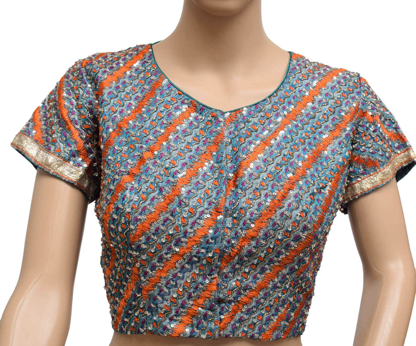 Sushila Vintage Readymade Hand Beaded 36" Blue Banarasi Silk Sari Blouse