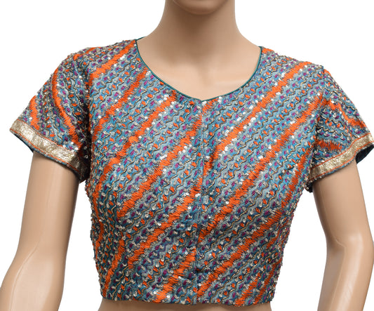Sushila Vintage Readymade Hand Beaded 36" Blue Banarasi Silk Sari Blouse