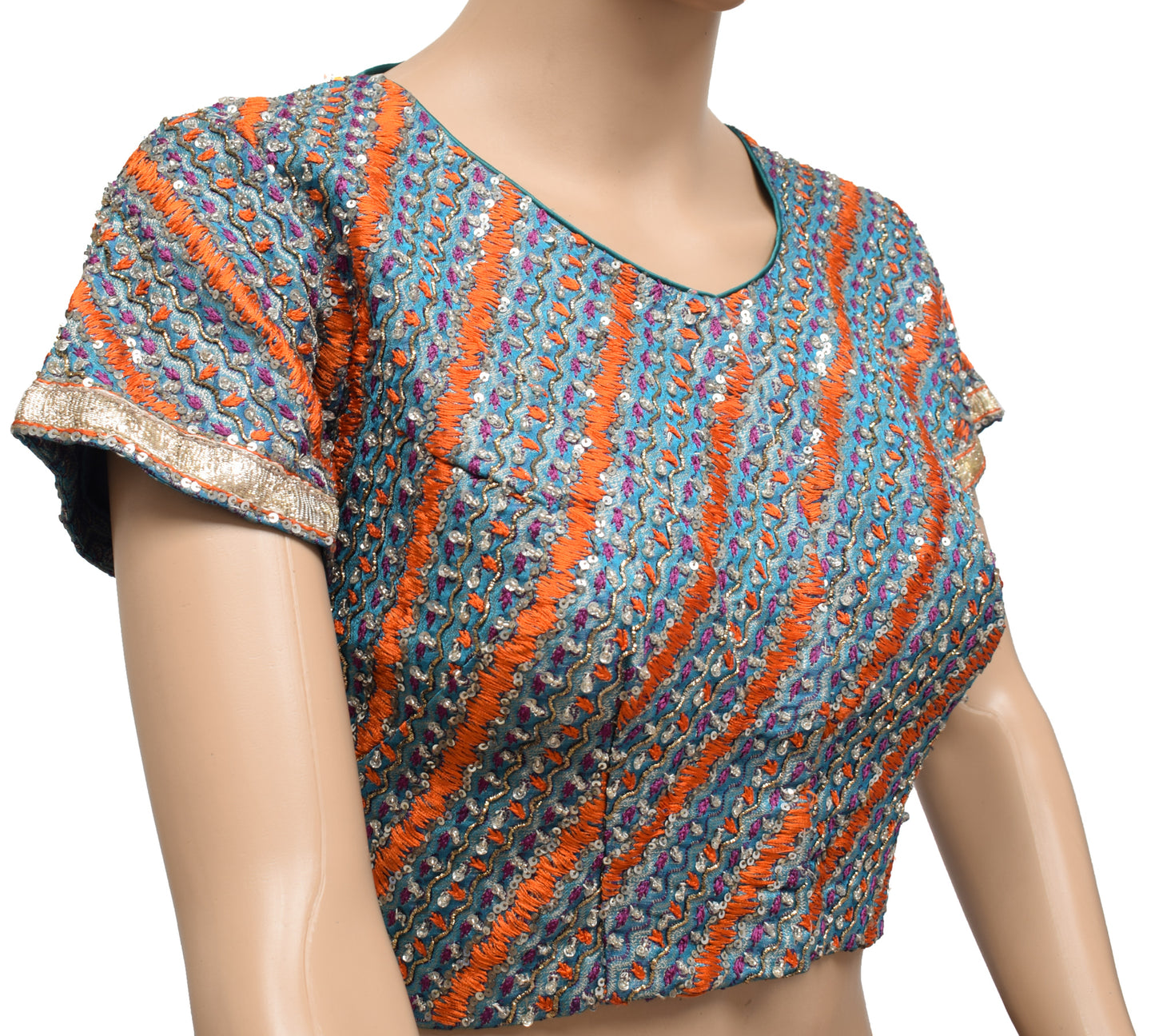 Sushila Vintage Readymade Hand Beaded 36" Blue Banarasi Silk Sari Blouse
