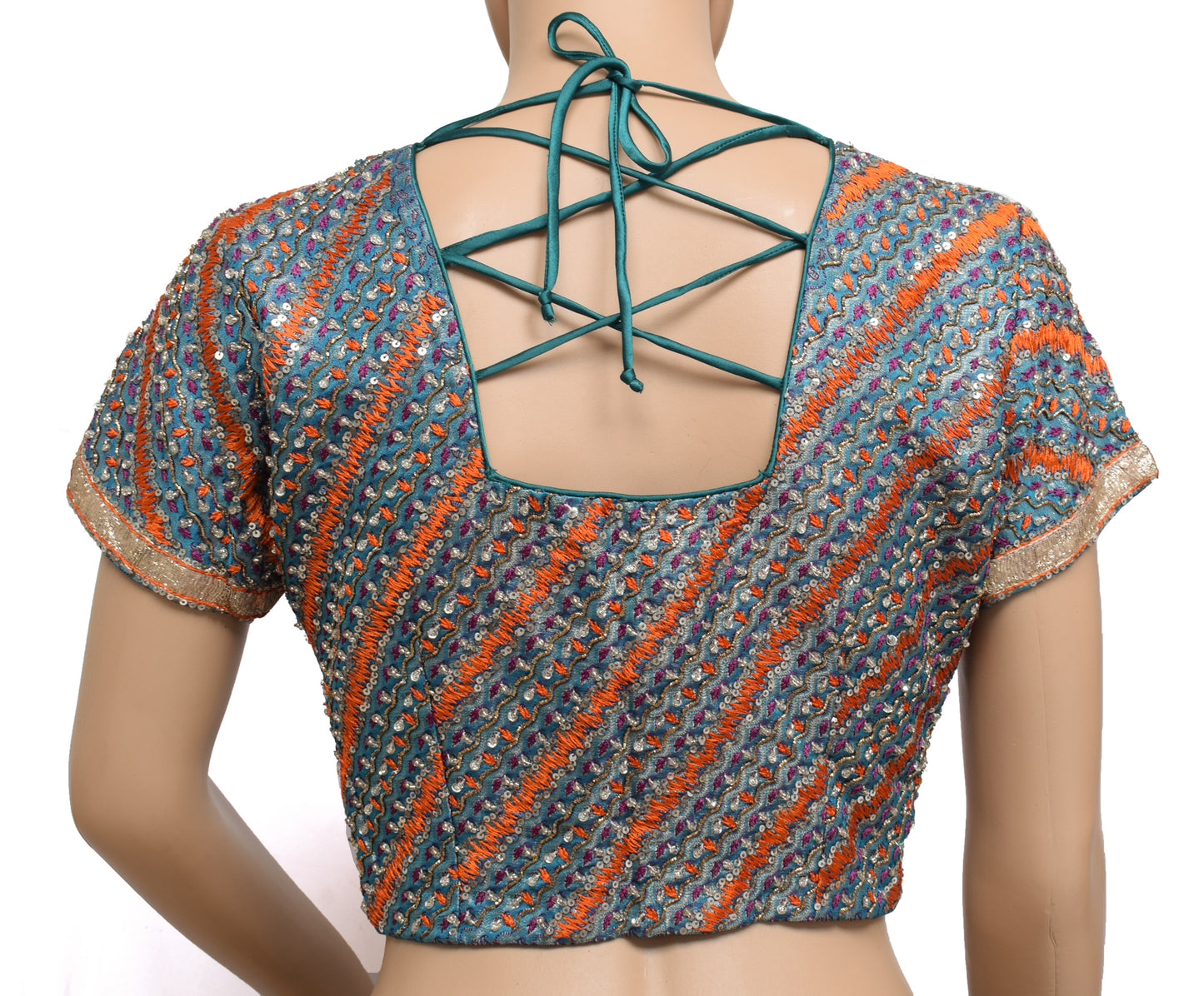 Sushila Vintage Readymade Hand Beaded 36" Blue Banarasi Silk Sari Blouse