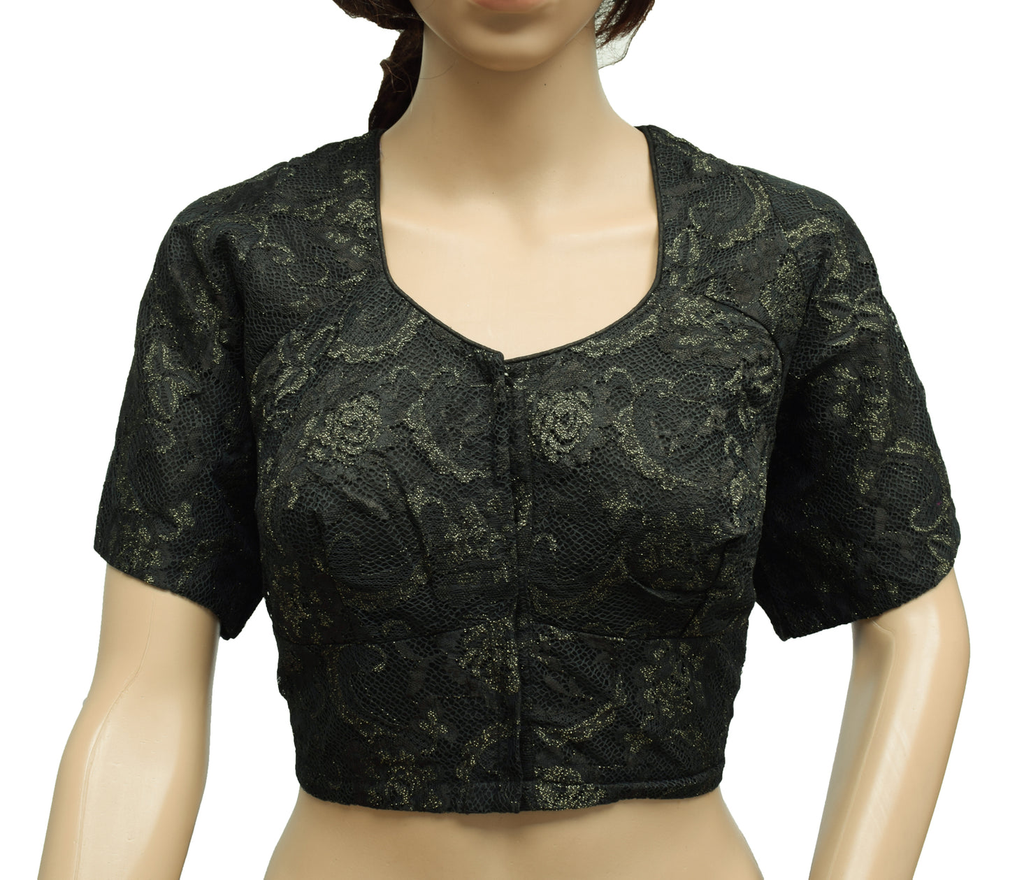 Sushila Vintage Black Readymade Stitched Sari Blouse Net Woven Designer 40" Choli