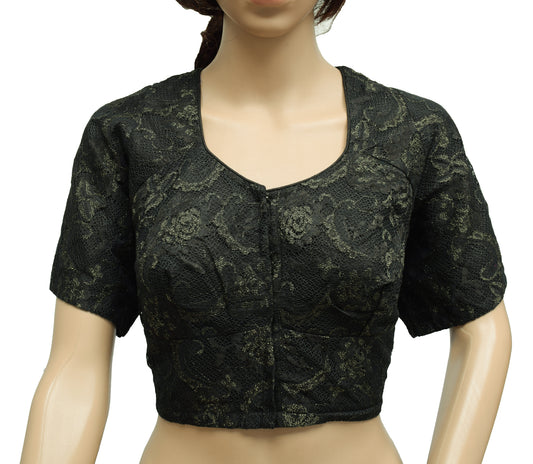 Sushila Vintage Black Readymade Stitched Sari Blouse Net Woven Designer 40" Choli