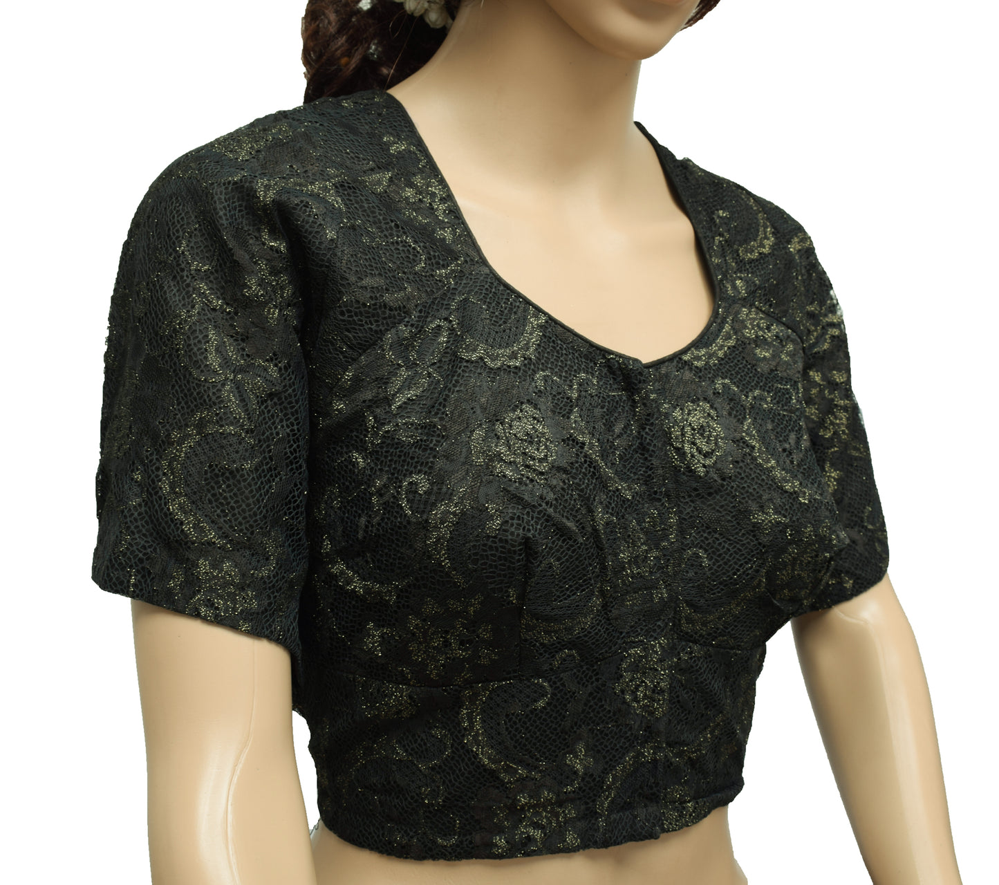 Sushila Vintage Black Readymade Stitched Sari Blouse Net Woven Designer 40" Choli