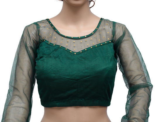 Sushila Vintage Green Readymade 36" Sari Blouse Net Beaded Designer Top