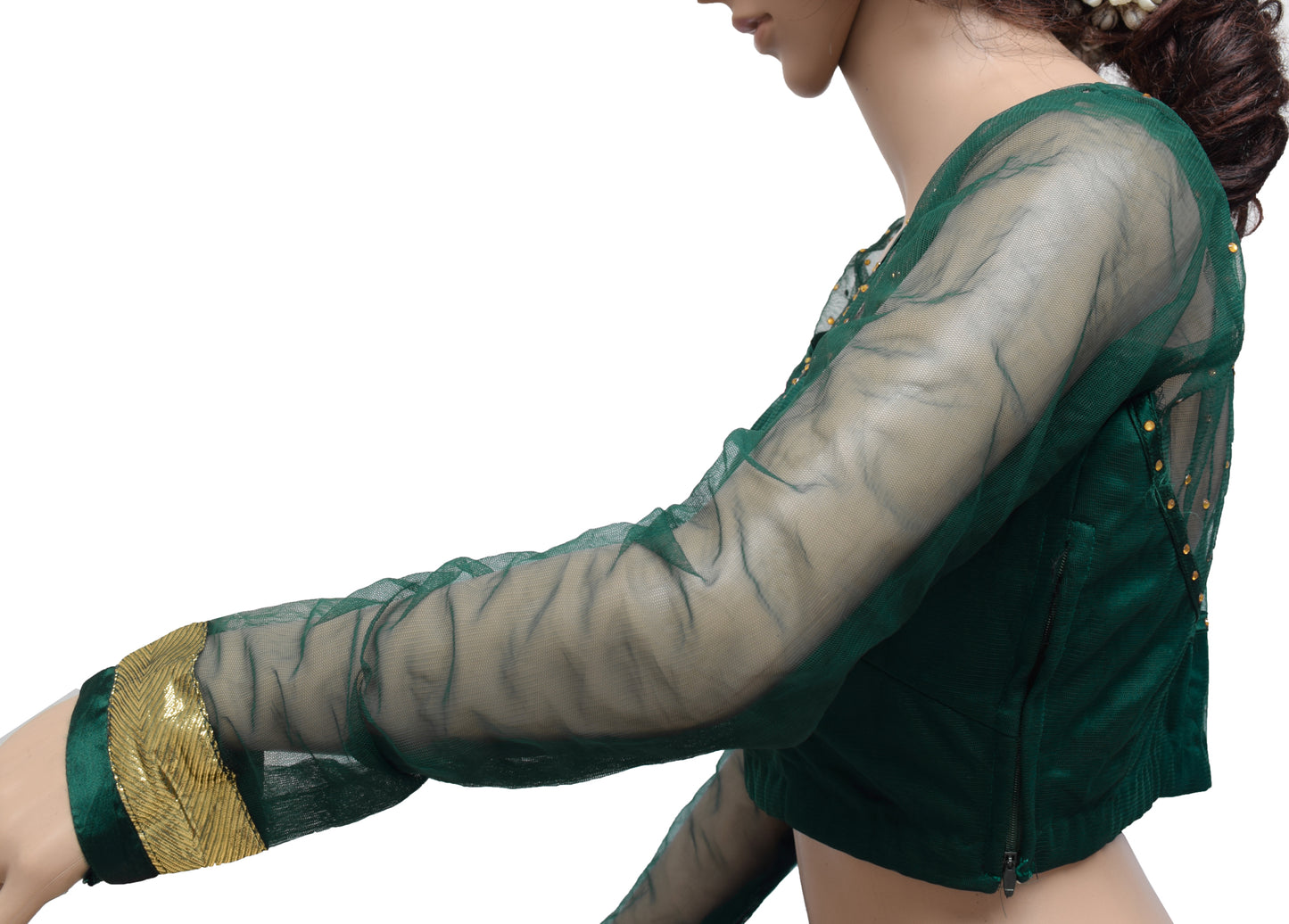Sushila Vintage Green Readymade 36" Sari Blouse Net Beaded Designer Top