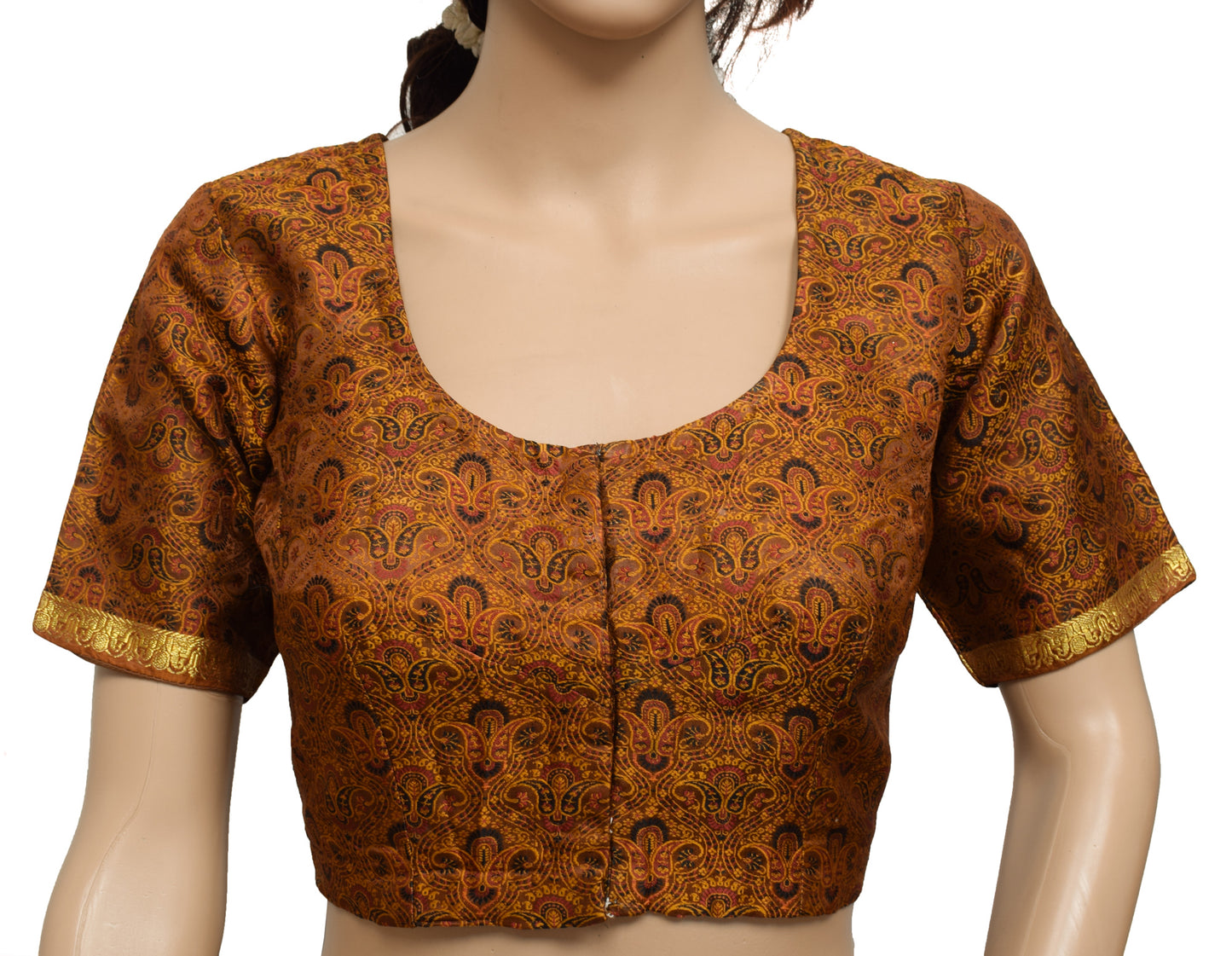 Sushila Vintage Readymade Brown Stitched Sari Blouse Silk Woven Designer 36" Top