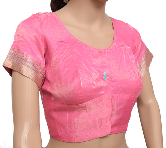 Sushila Vintage Pink Readymade 34" Sari Blouse Tissue Woven Designer 34" Choli