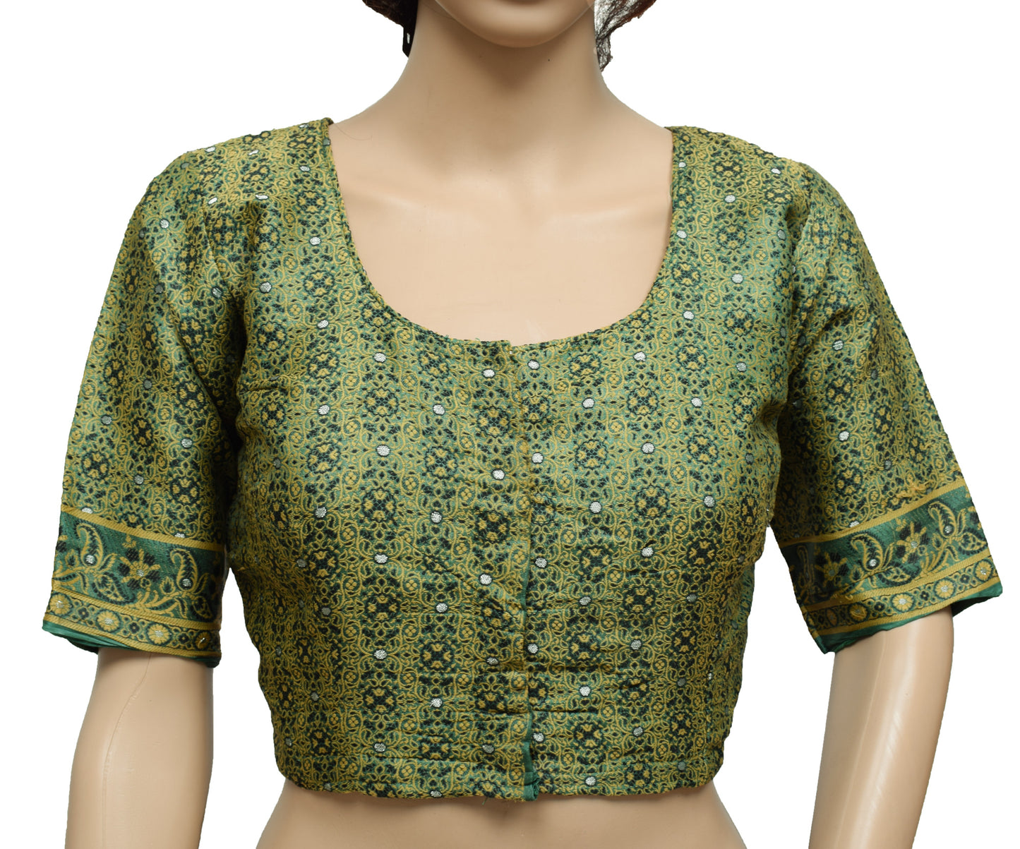 Sushila Vintage Green Readymade 36" Sari Blouse Silk Woven Designer Choli