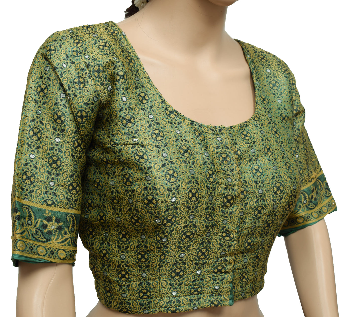 Sushila Vintage Green Readymade 36" Sari Blouse Silk Woven Designer Choli