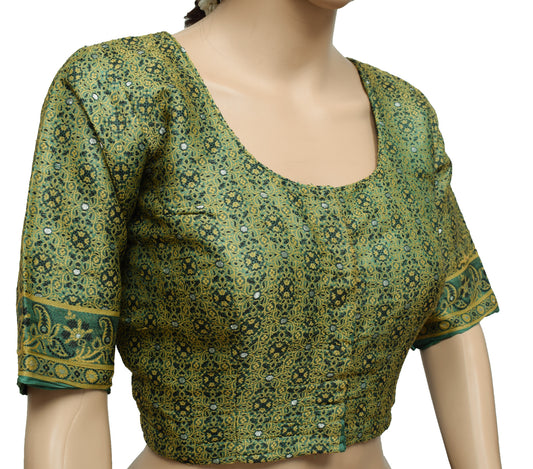 Sushila Vintage Green Readymade 36" Sari Blouse Silk Woven Designer Choli