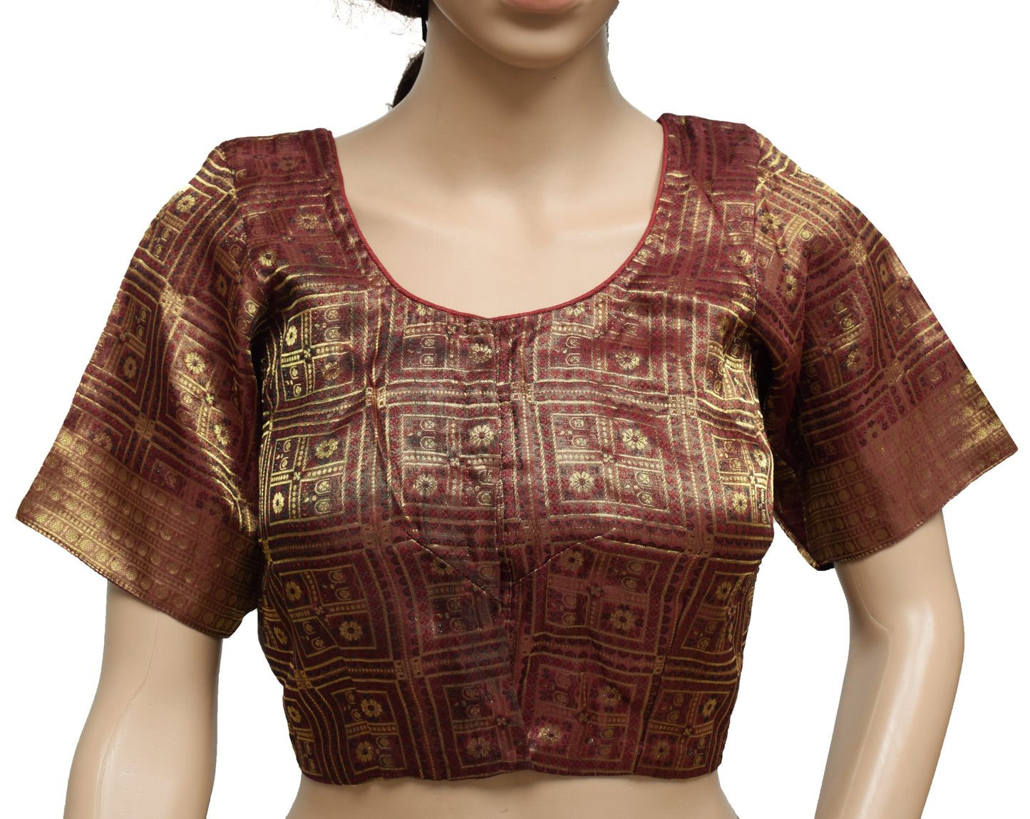 Sushila Vintage Maroon Readymade 36" Sari Blouse Tissue Woven Designer Top