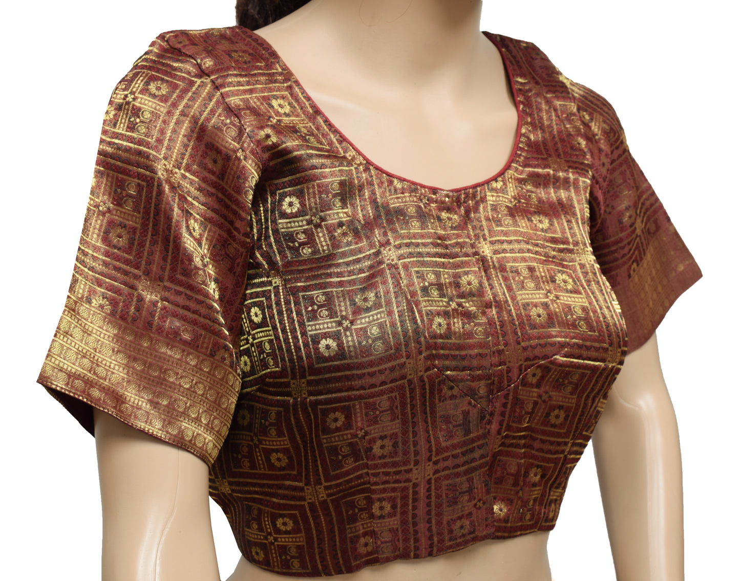 Sushila Vintage Maroon Readymade 36" Sari Blouse Tissue Woven Designer Top