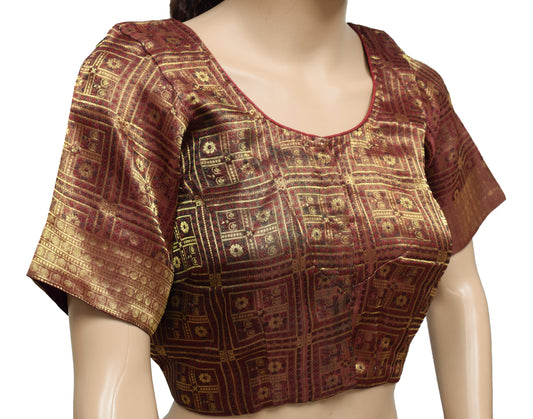 Sushila Vintage Maroon Readymade 36" Sari Blouse Tissue Woven Designer Top