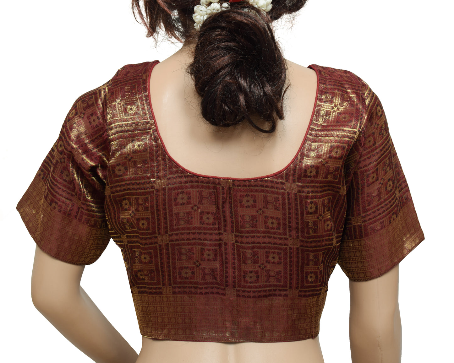 Sushila Vintage Maroon Readymade 36" Sari Blouse Tissue Woven Designer Top