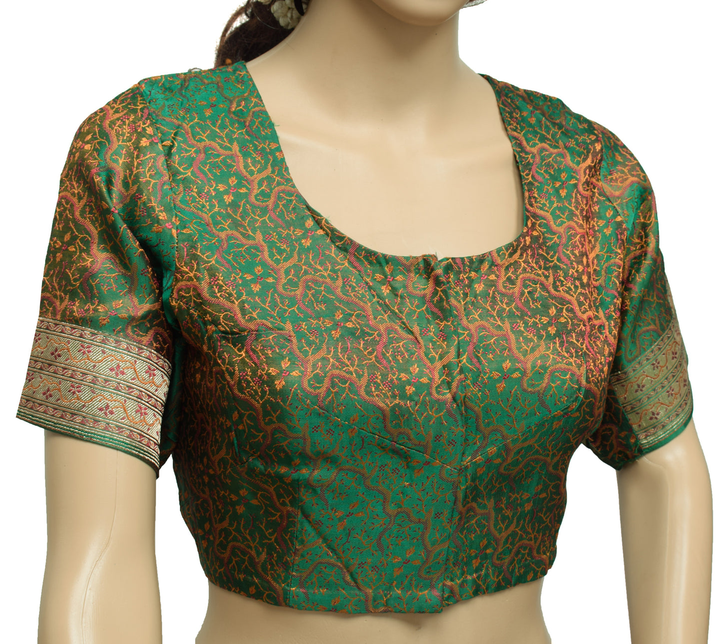 Sushila Vintage Green Readymade 38" Banarasi Silk Sari Blouse Woven Choli