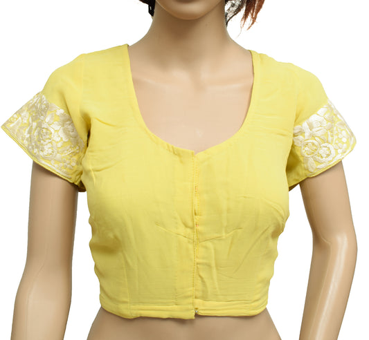 Sushila Vintage Yellow Readymade 38" Sari Blouse Georgette Embroidered Top