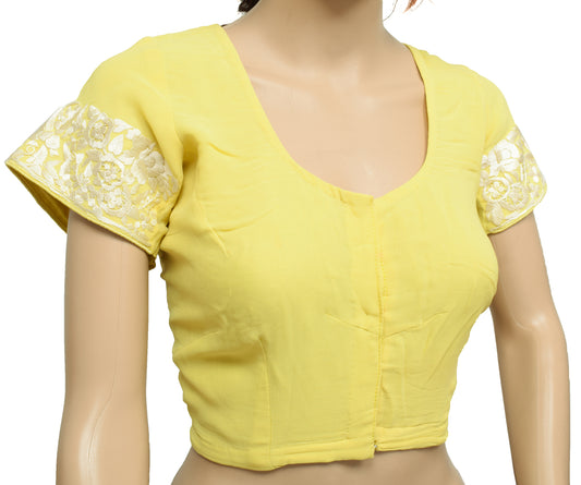 Sushila Vintage Yellow Readymade 38" Sari Blouse Georgette Embroidered Top