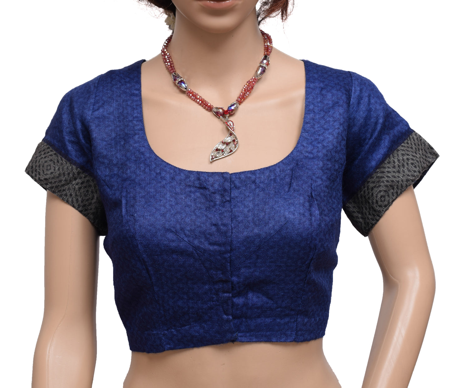 Sushila Vintage Blue Readymade Stitched Sari Blouse Woolen Woven Designer 42" Choli