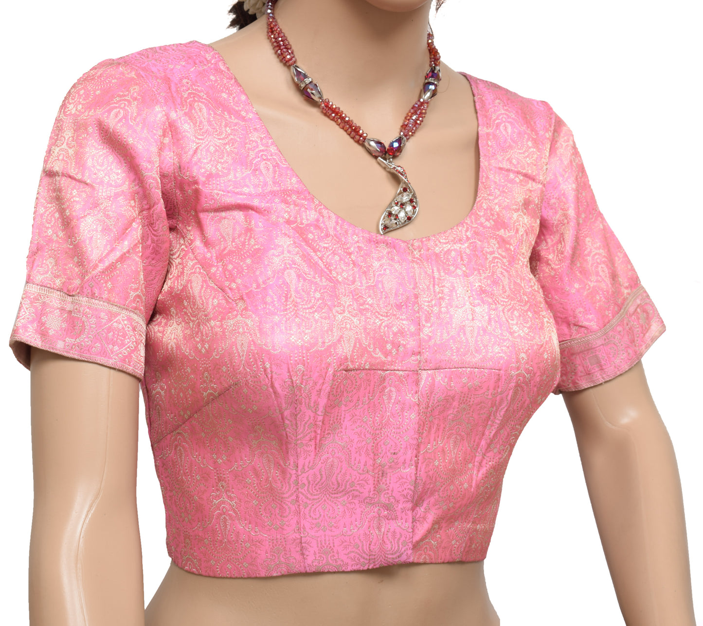Sushila Vintage Pink Readymade Stitched Banarasi Pure Silk Sari Blouse Woven 30" Top