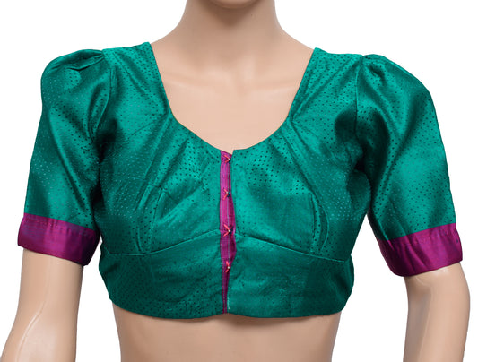 Sushila Vintage Blue Readymade Stitched Puff Sleeve Silk Sari Blouse Woven 32" Top