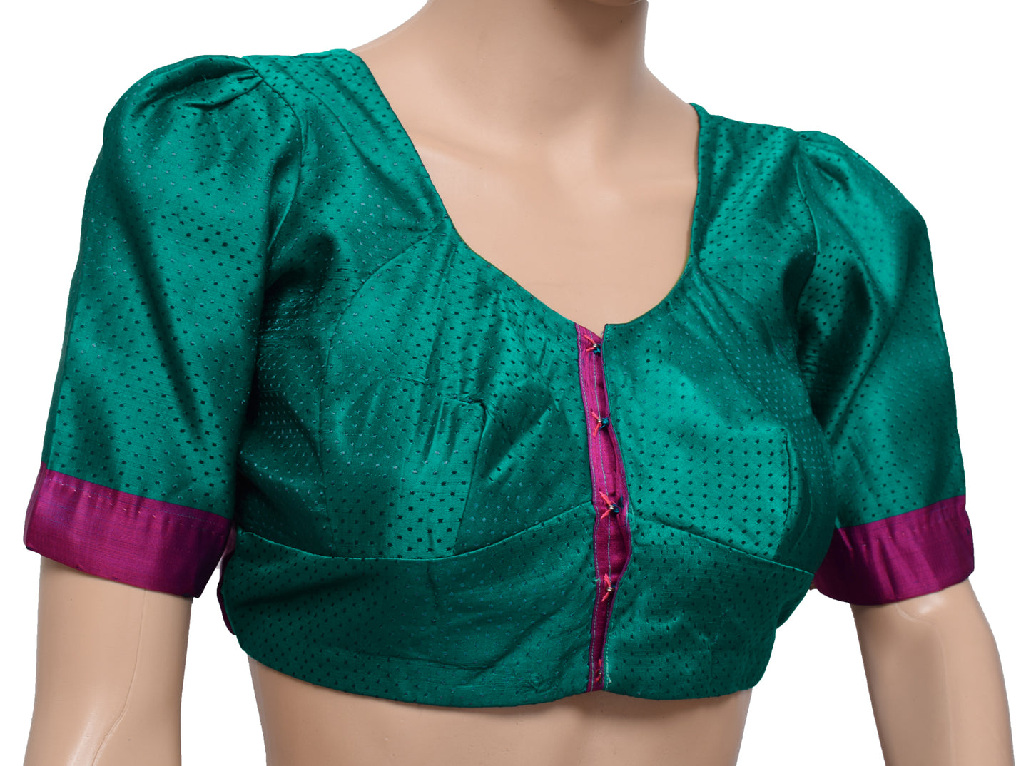 Sushila Vintage Blue Readymade Stitched Puff Sleeve Silk Sari Blouse Woven 32" Top