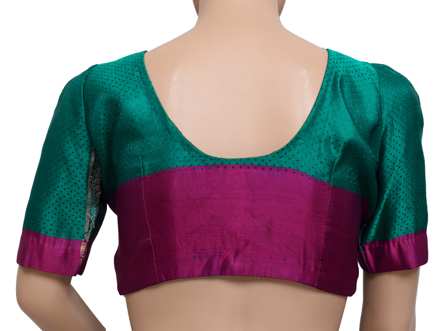 Sushila Vintage Blue Readymade Stitched Puff Sleeve Silk Sari Blouse Woven 32" Top