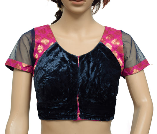 Sushila Vintage Readymade 38" Top Stitched Blue Velvet Patch Work Designer Sari Blouse