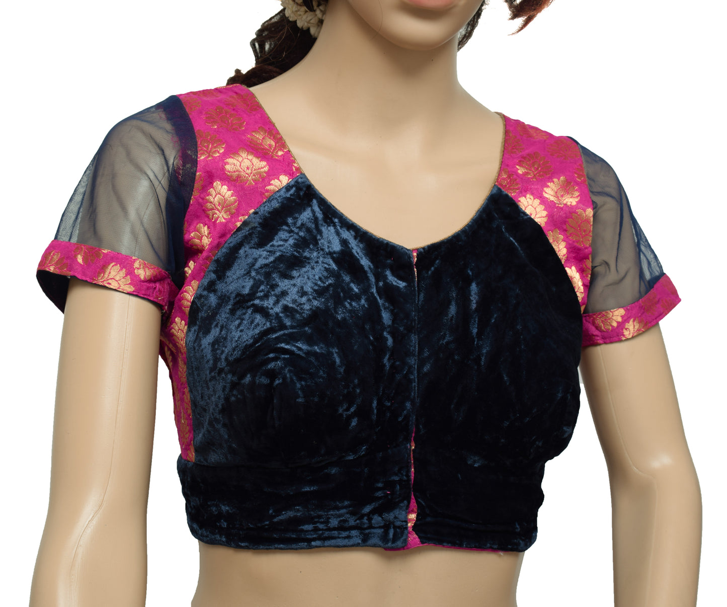 Sushila Vintage Readymade 38" Top Stitched Blue Velvet Patch Work Designer Sari Blouse