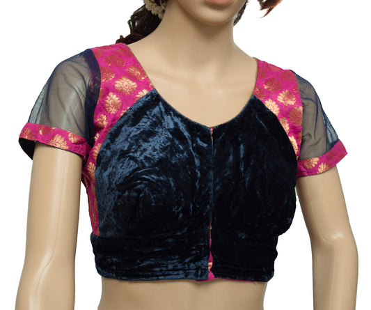 Sushila Vintage Readymade 38" Top Stitched Blue Velvet Patch Work Designer Sari Blouse