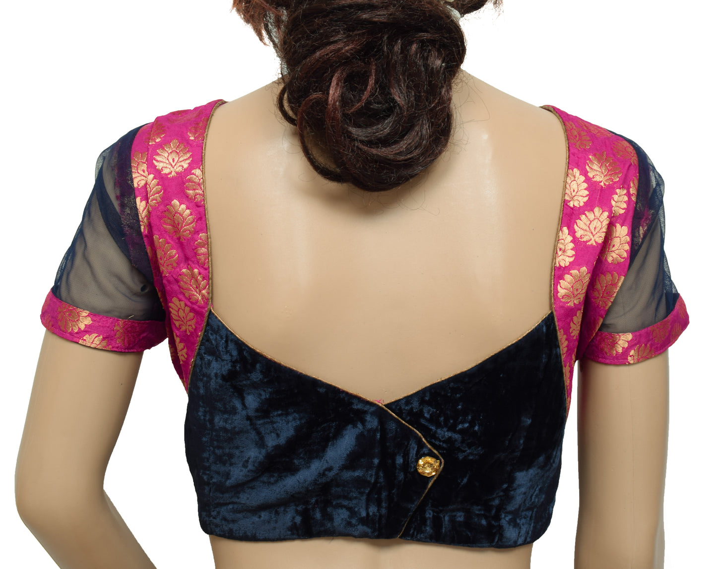 Sushila Vintage Readymade 38" Top Stitched Blue Velvet Patch Work Designer Sari Blouse