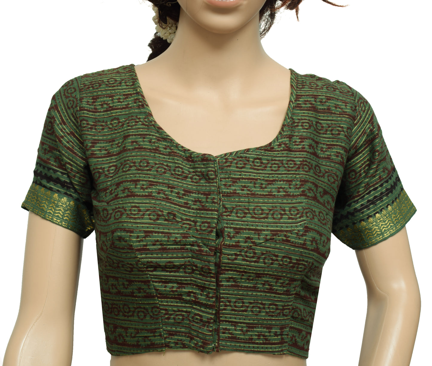 Sushila Vintage Green Hand Block Printed Readymade 34" Cotton Sari Blouse