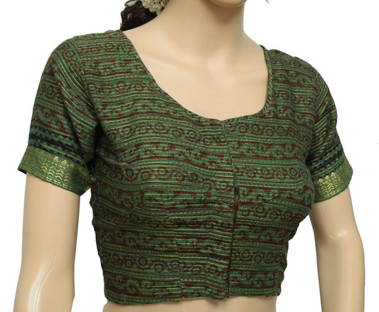 Sushila Vintage Green Hand Block Printed Readymade 34" Cotton Sari Blouse