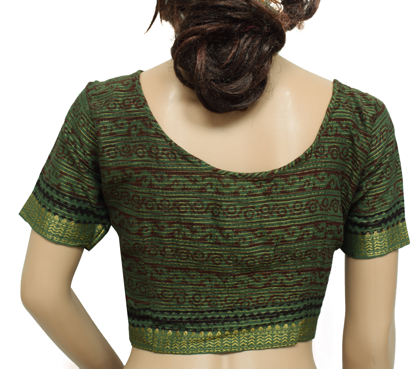 Sushila Vintage Green Hand Block Printed Readymade 34" Cotton Sari Blouse