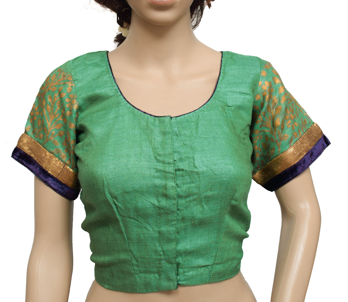 Sushila Vintage Readymade Stitched Green Sari Blouse Woolen Woven Designer 36" Top