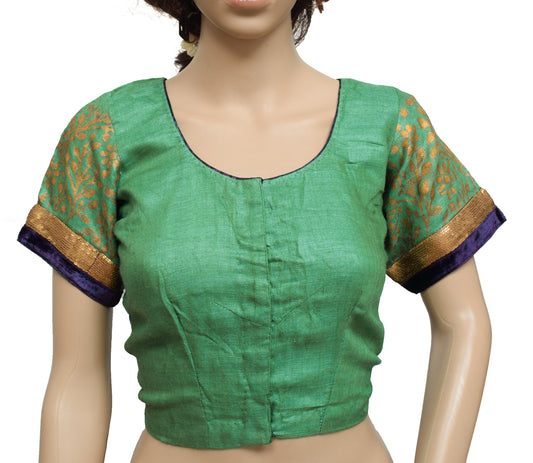 Sushila Vintage Readymade Stitched Green Sari Blouse Woolen Woven Designer 36" Top