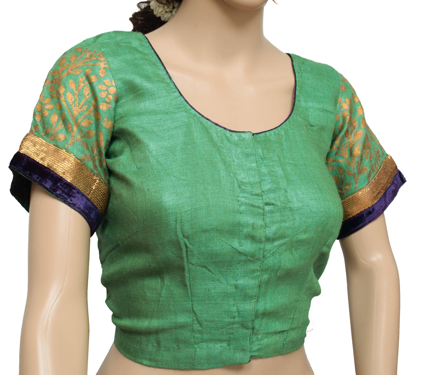 Sushila Vintage Readymade Stitched Green Sari Blouse Woolen Woven Designer 36" Top
